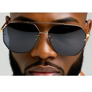 Dark Black Lens Sunglasses Men's Fashion‎ Forward Gold Frame Street Wear Trendy